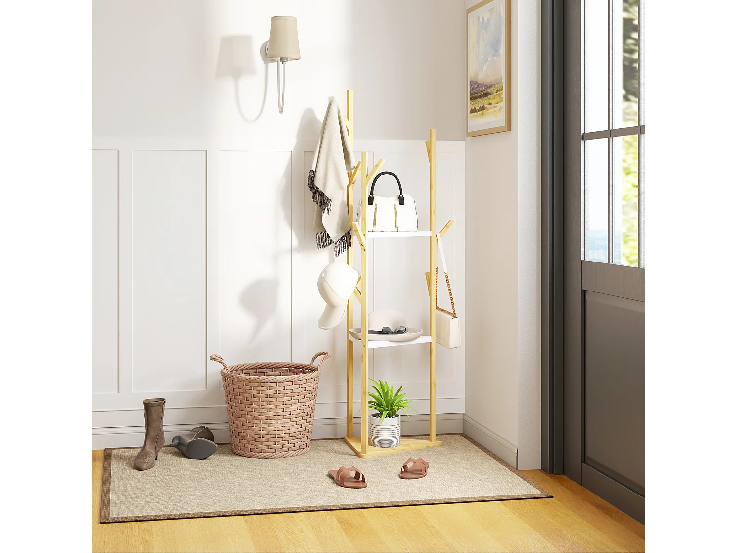 Albero appendiabiti da terra con 9 ganci e 3 ripiani legno e bianco