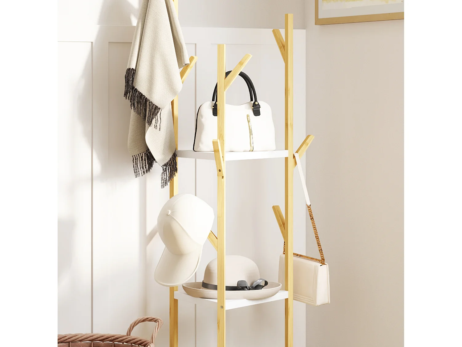 Albero appendiabiti da terra con 9 ganci e 3 ripiani legno e bianco