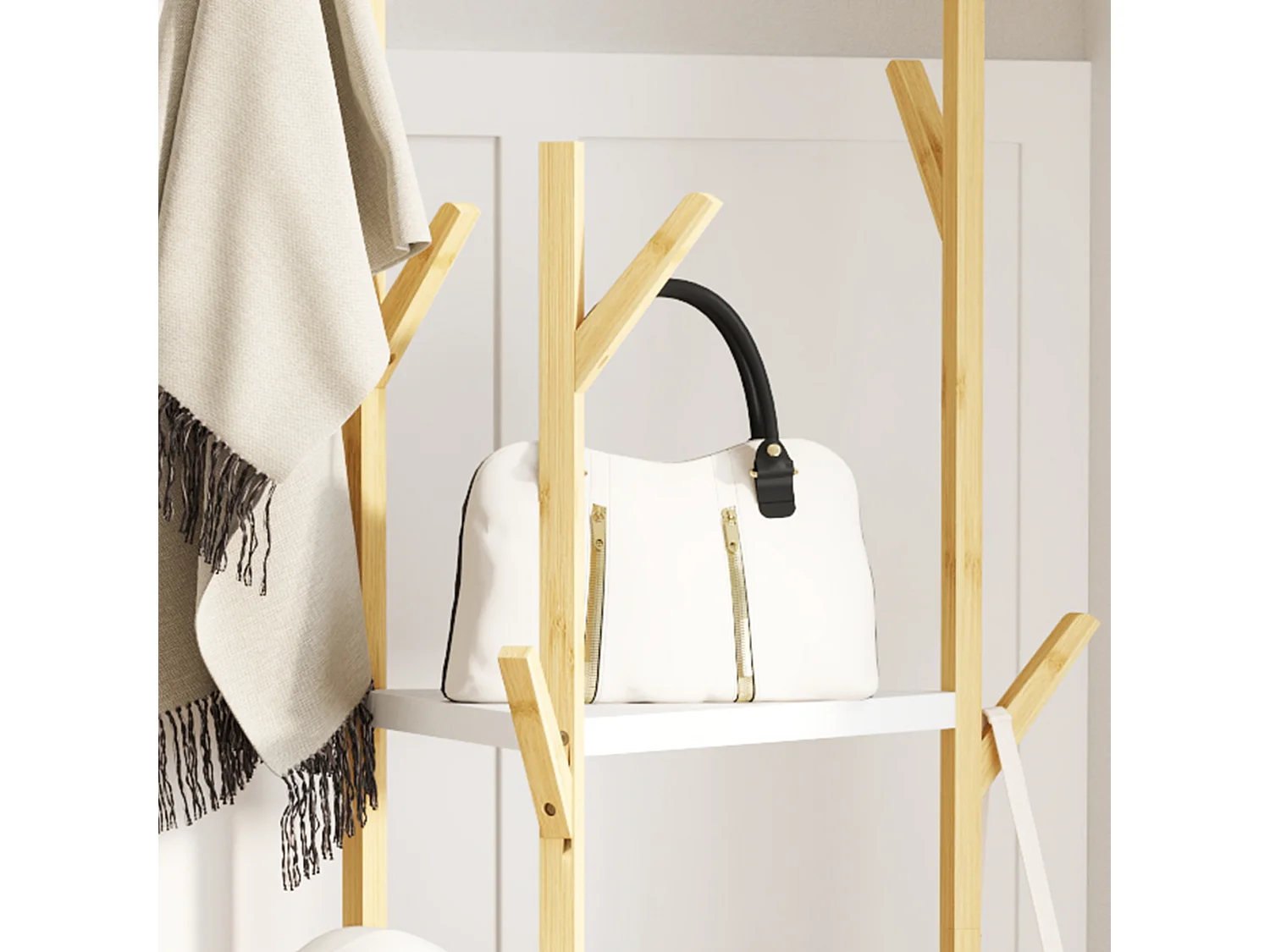Albero appendiabiti da terra con 9 ganci e 3 ripiani legno e bianco