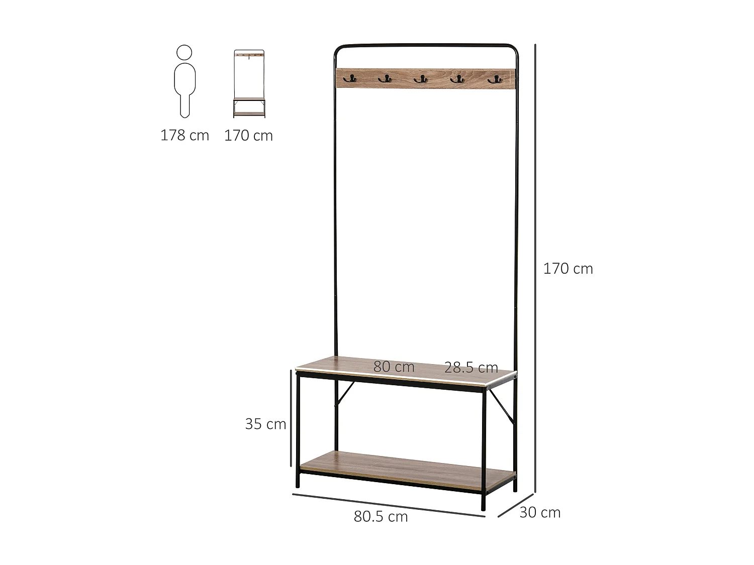 Appendiabiti con panca e scarpiera industriale in legno nero