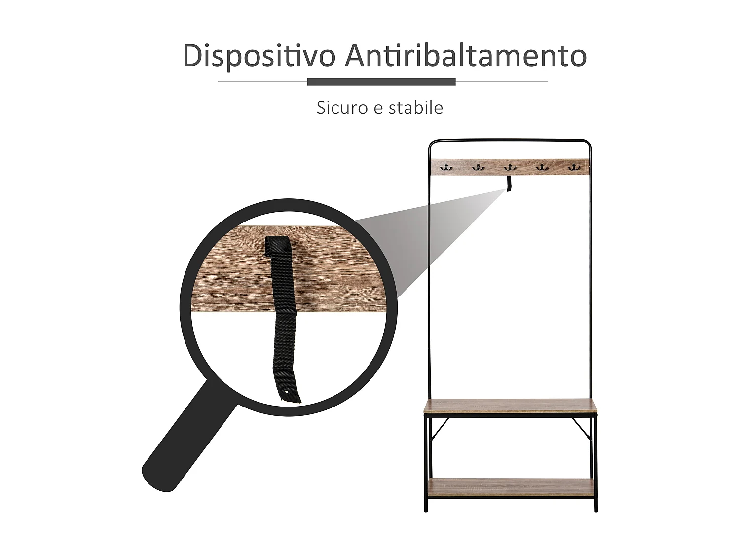 Appendiabiti con panca e scarpiera industriale in legno nero