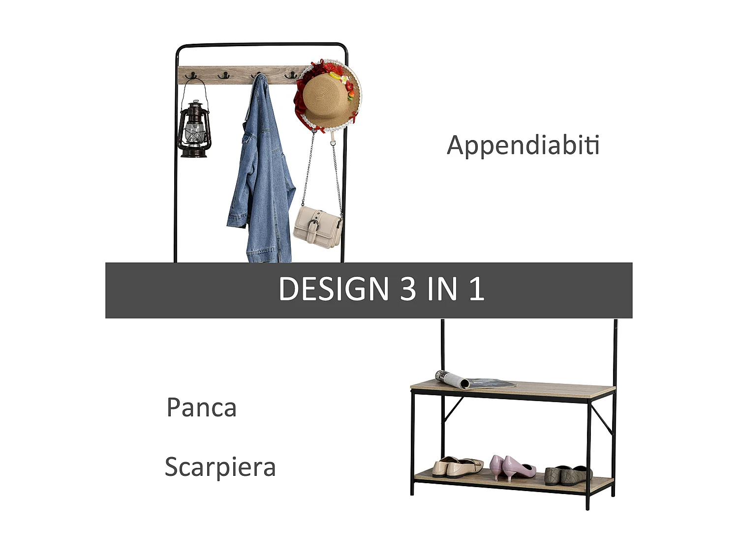 Appendiabiti con panca e scarpiera industriale in legno nero