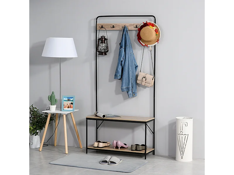 Appendiabiti con panca e scarpiera industriale in legno nero