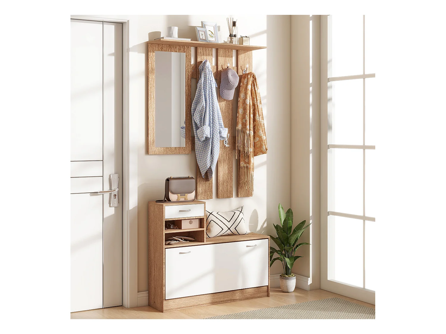 Mobile appendiabiti con scarpiera e specchio in legno bianco e noce