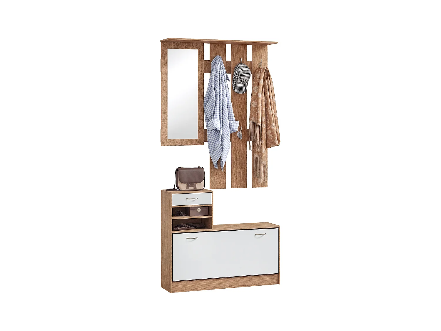 Mobile appendiabiti con scarpiera e specchio in legno bianco e noce