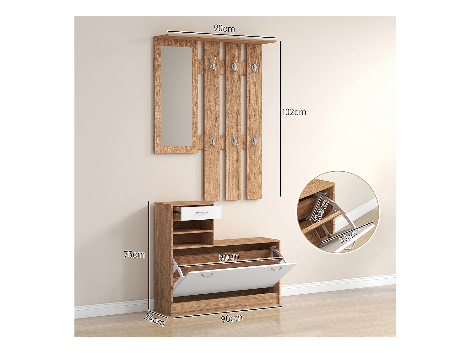 Mobile appendiabiti con scarpiera e specchio in legno bianco e noce