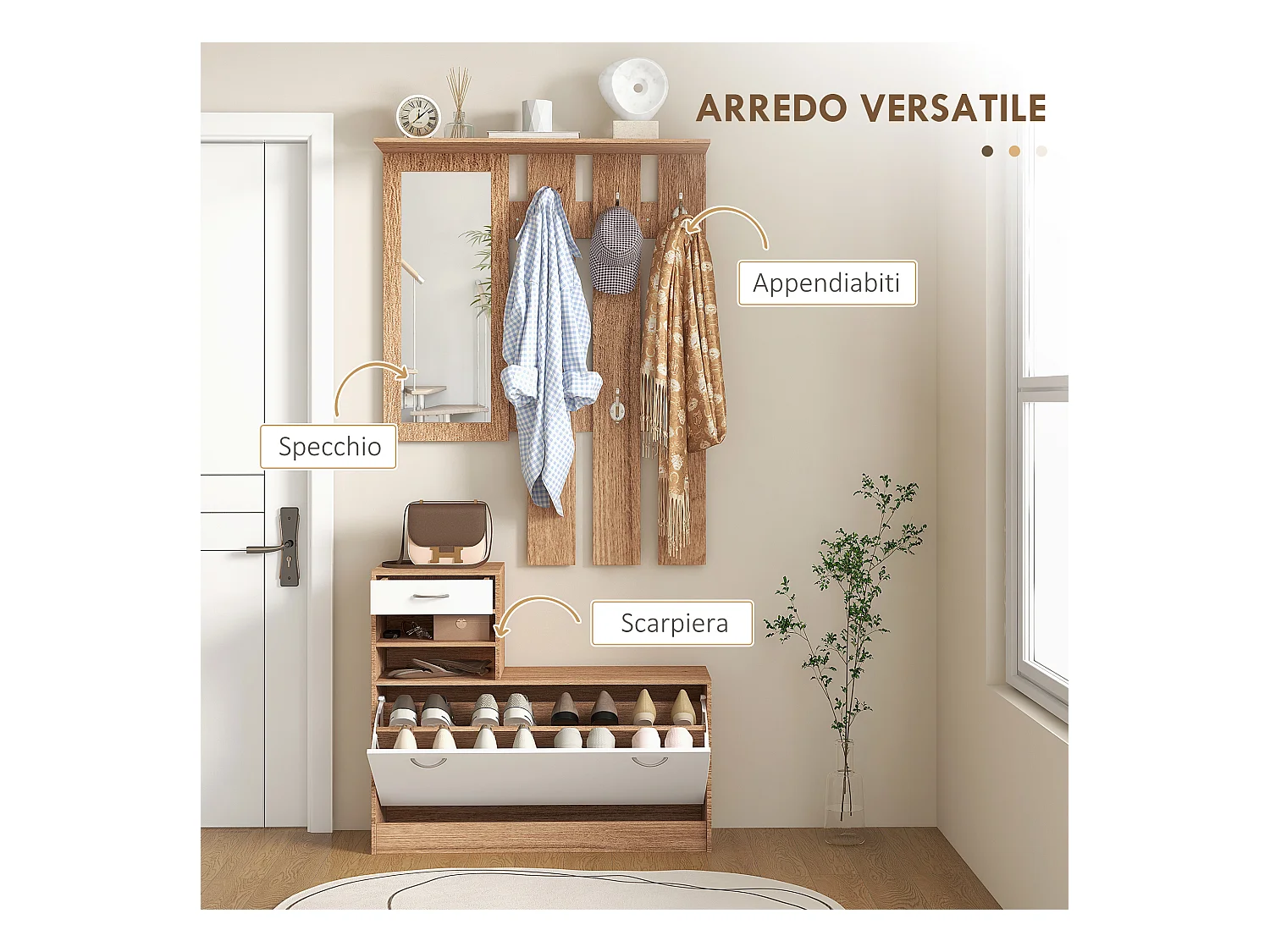 Mobile appendiabiti con scarpiera e specchio in legno bianco e noce