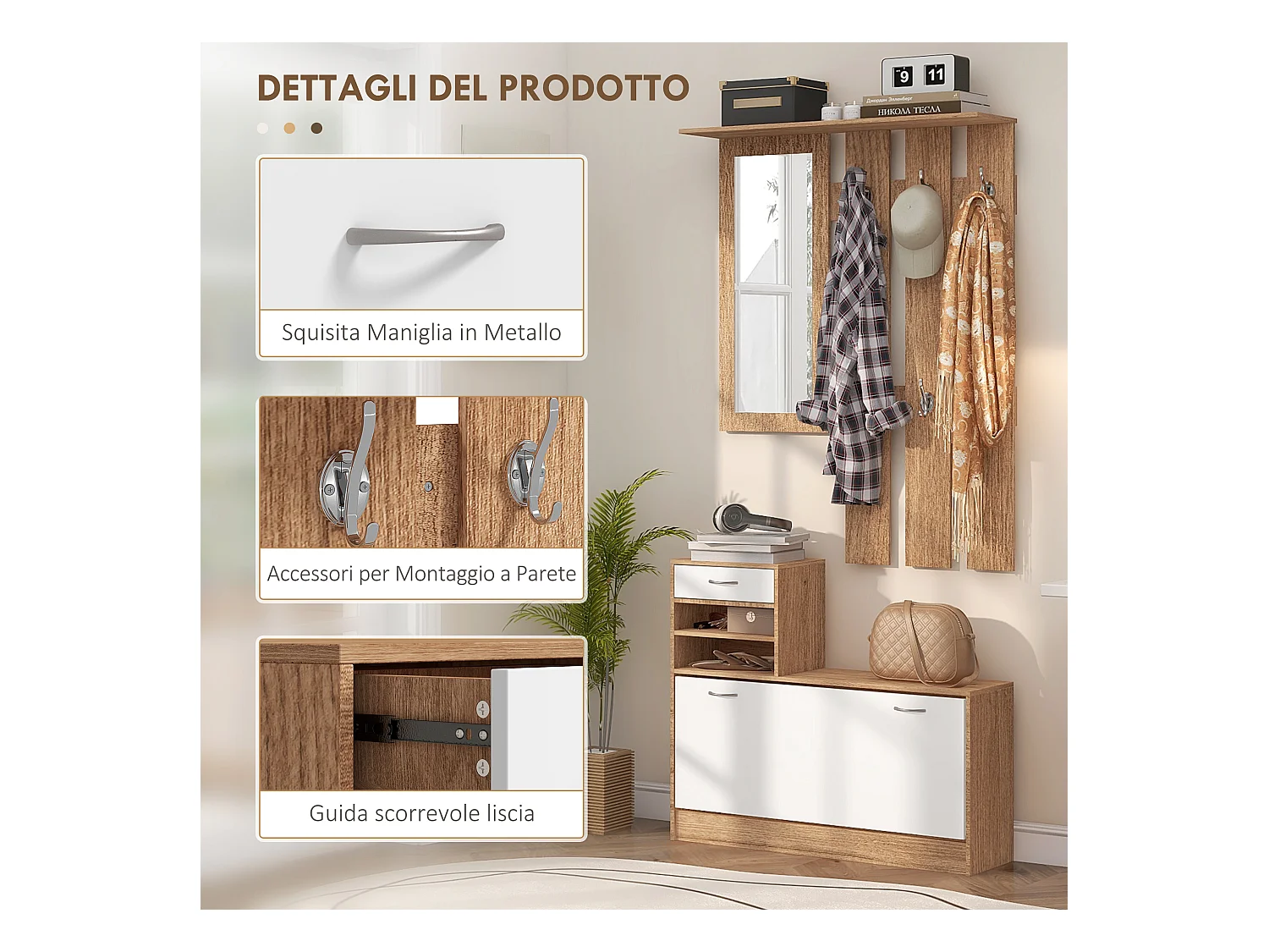 Mobile appendiabiti con scarpiera e specchio in legno bianco e noce