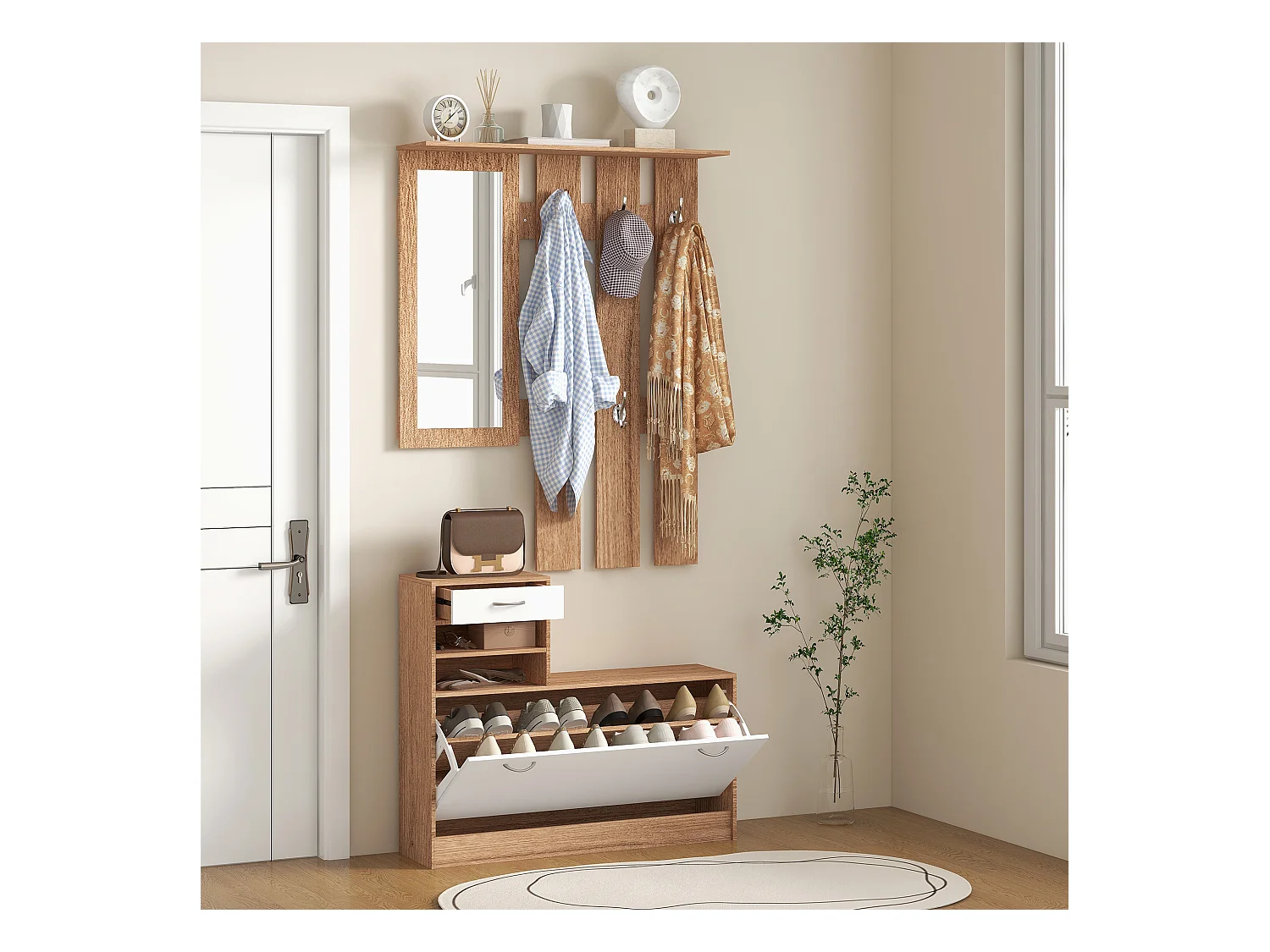 Mobile appendiabiti con scarpiera e specchio in legno bianco e noce