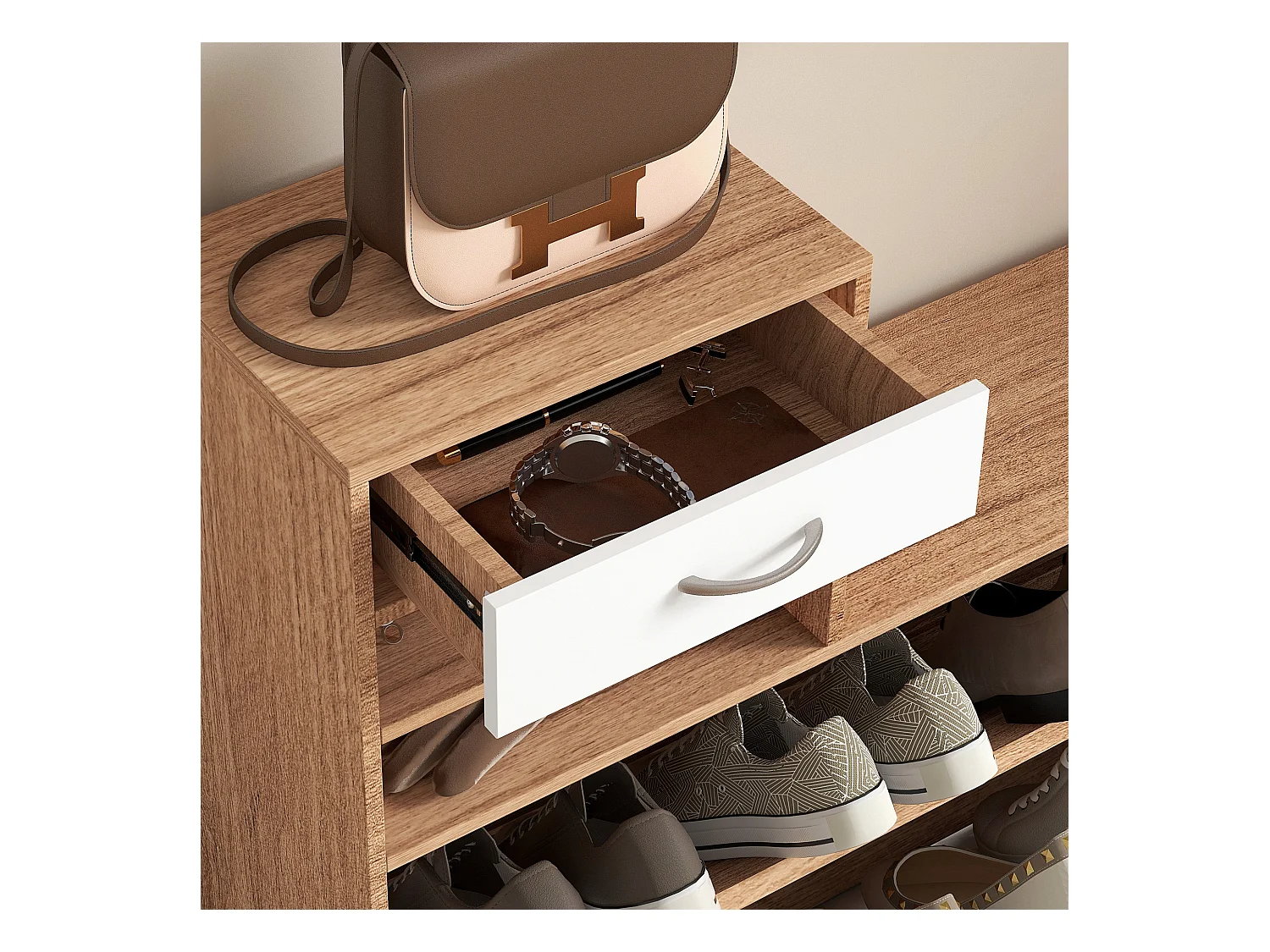 Mobile appendiabiti con scarpiera e specchio in legno bianco e noce