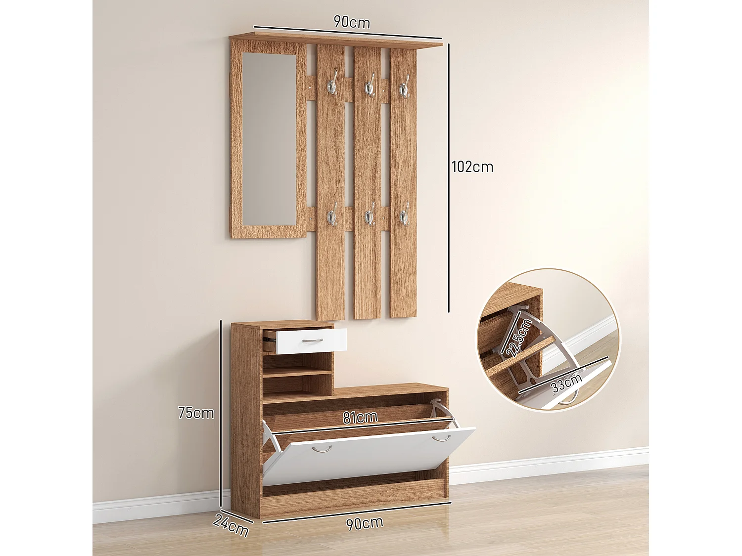 Mobile appendiabiti con scarpiera e specchio in legno bianco e noce