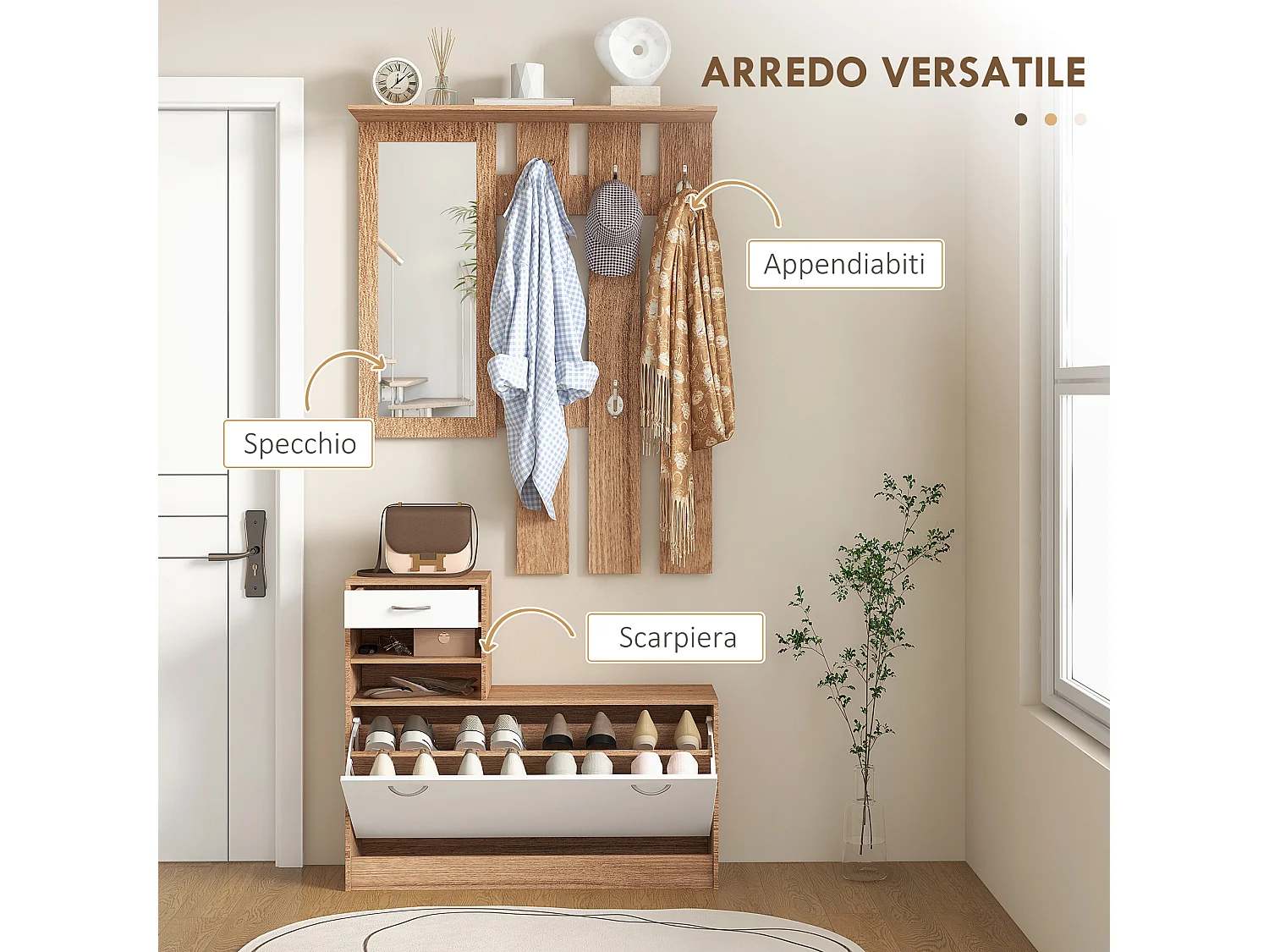 Mobile appendiabiti con scarpiera e specchio in legno bianco e noce