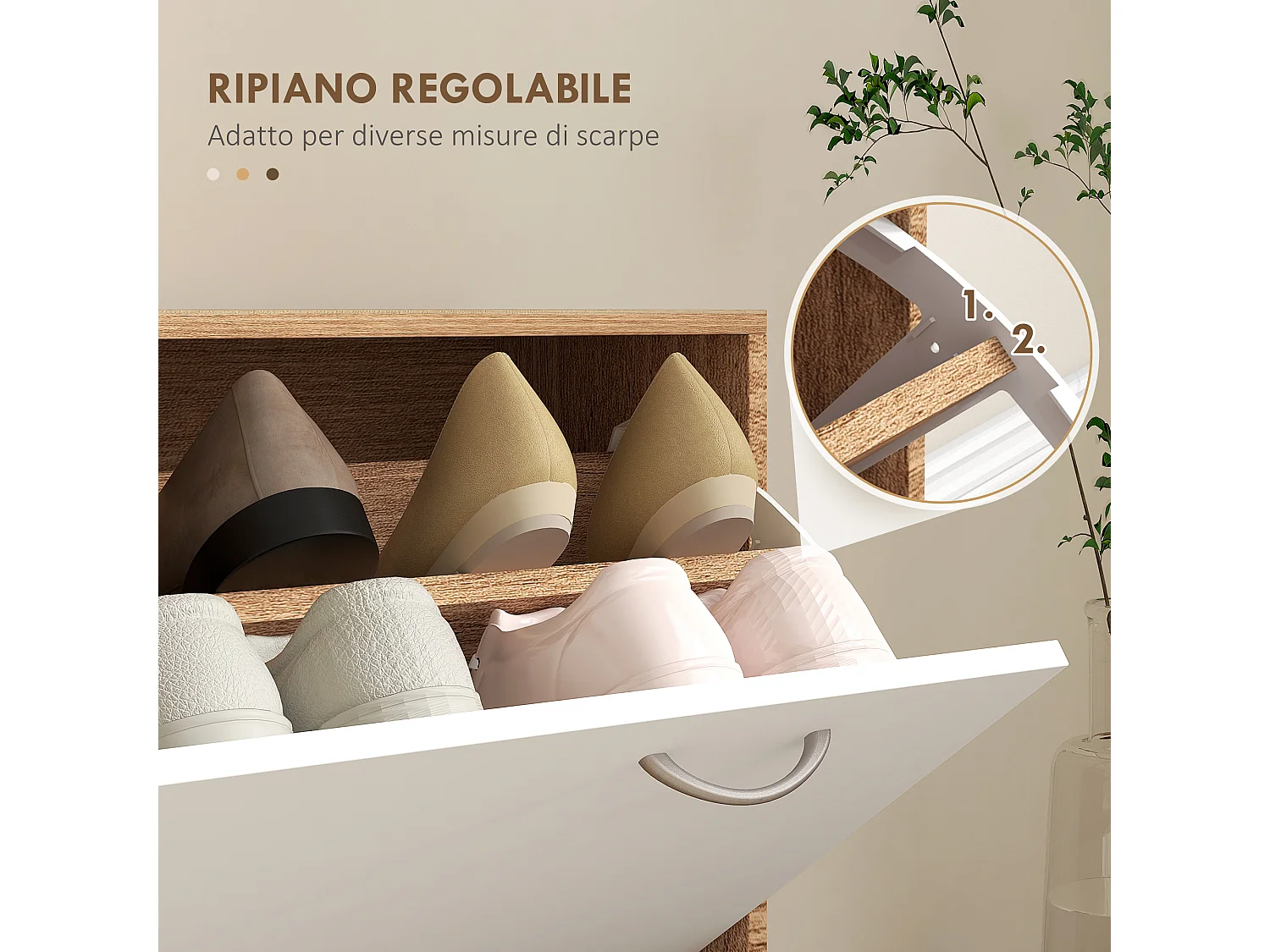 Mobile appendiabiti con scarpiera e specchio in legno bianco e noce