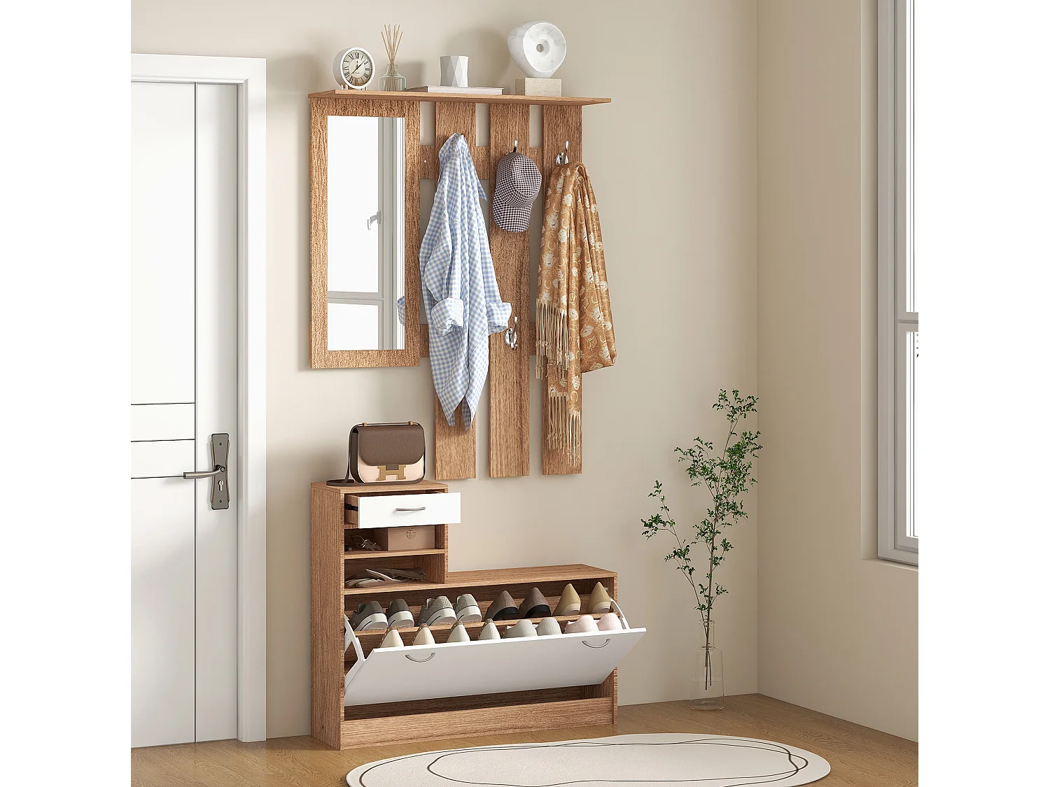 Mobile appendiabiti con scarpiera e specchio in legno bianco e noce