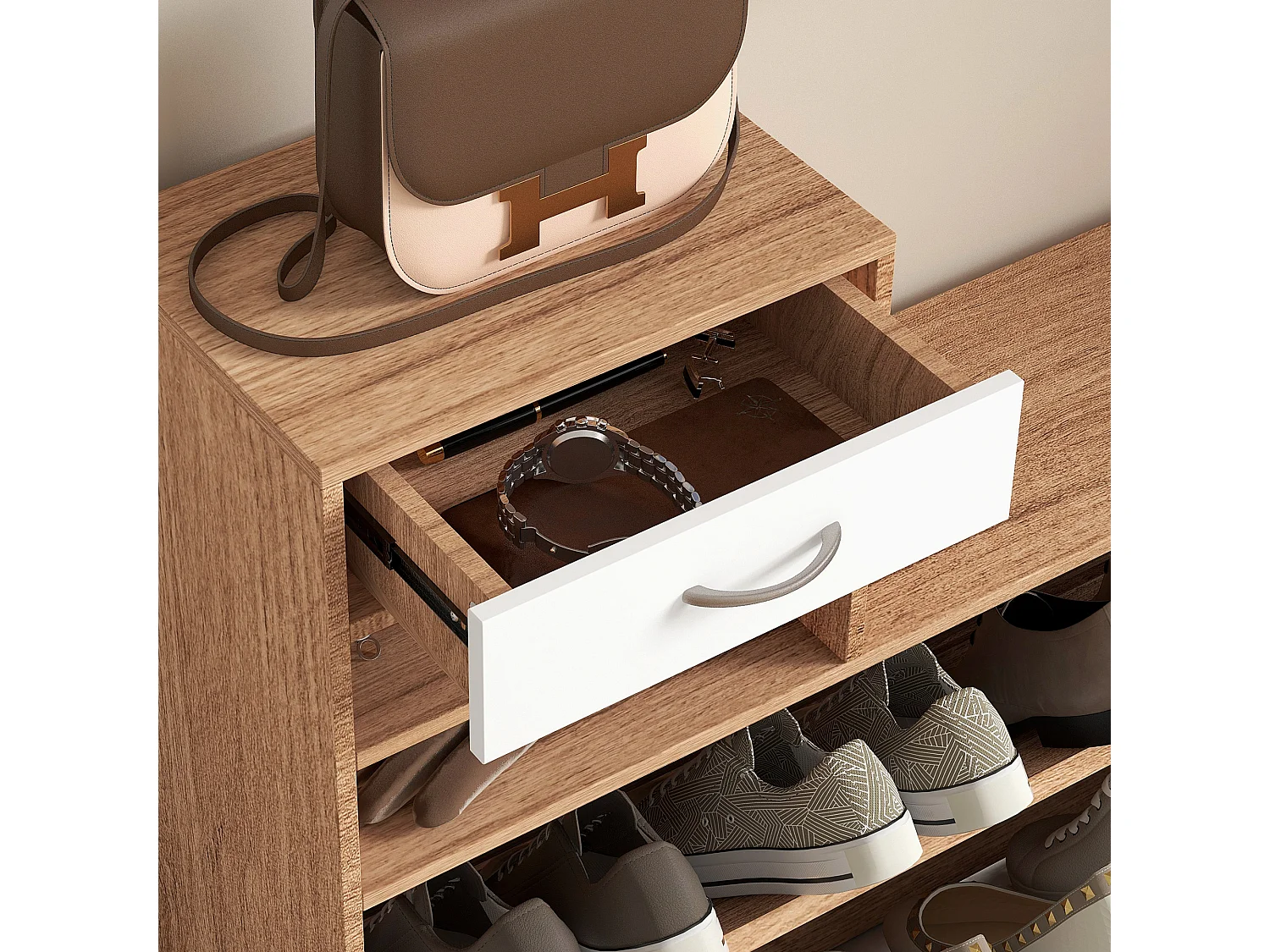 Mobile appendiabiti con scarpiera e specchio in legno bianco e noce