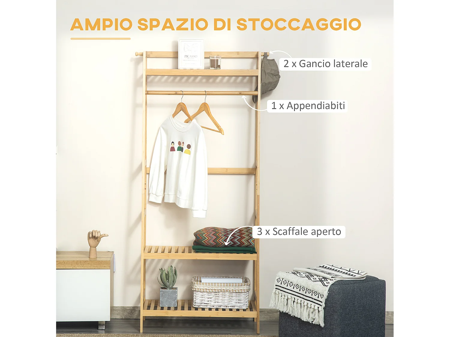 Appendiabiti da terra in legno di bambù con ripiani 70x42x164cm