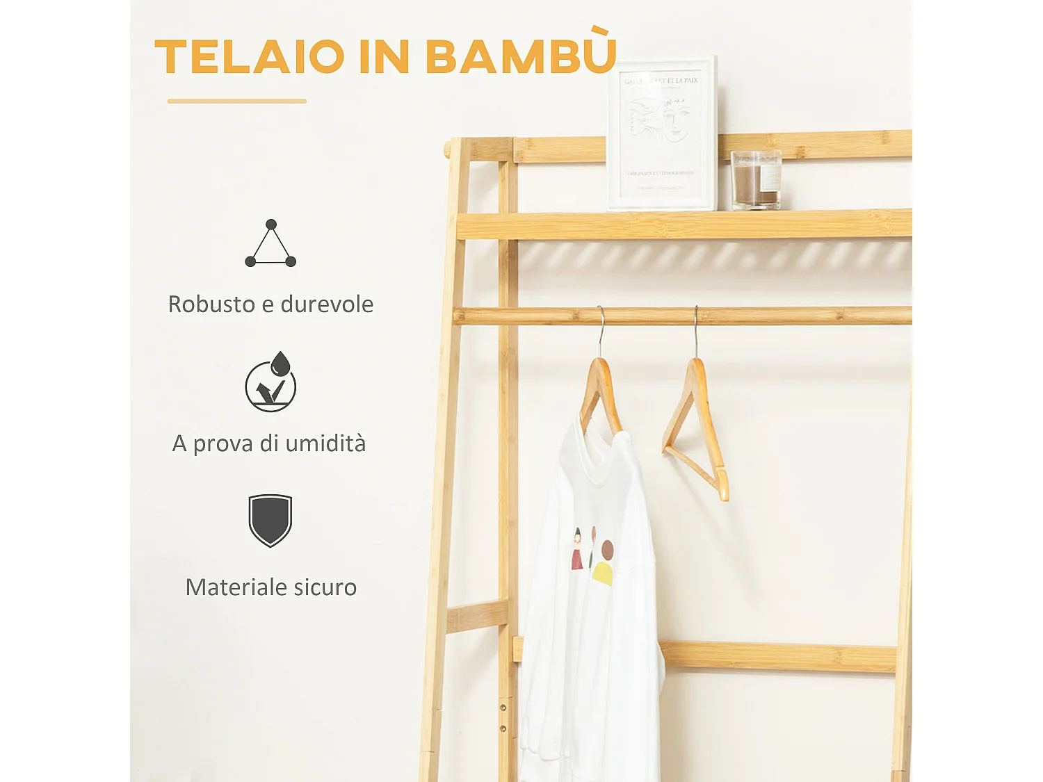 Appendiabiti da terra in legno di bambù con ripiani 70x42x164cm