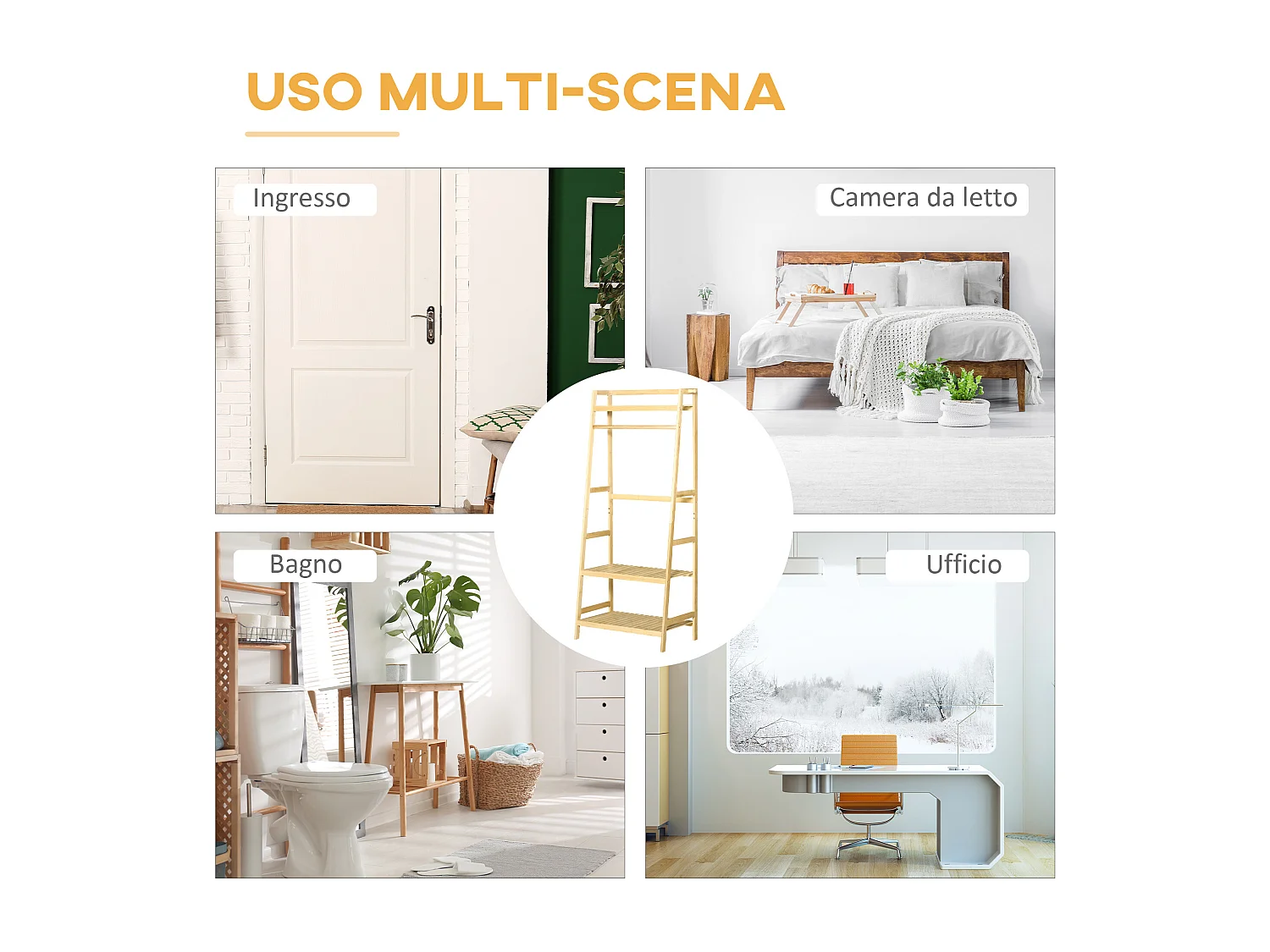 Appendiabiti da terra in legno di bambù con ripiani 70x42x164cm