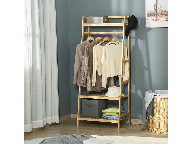 Appendiabiti da terra in legno di bambù con ripiani 70x42x164cm