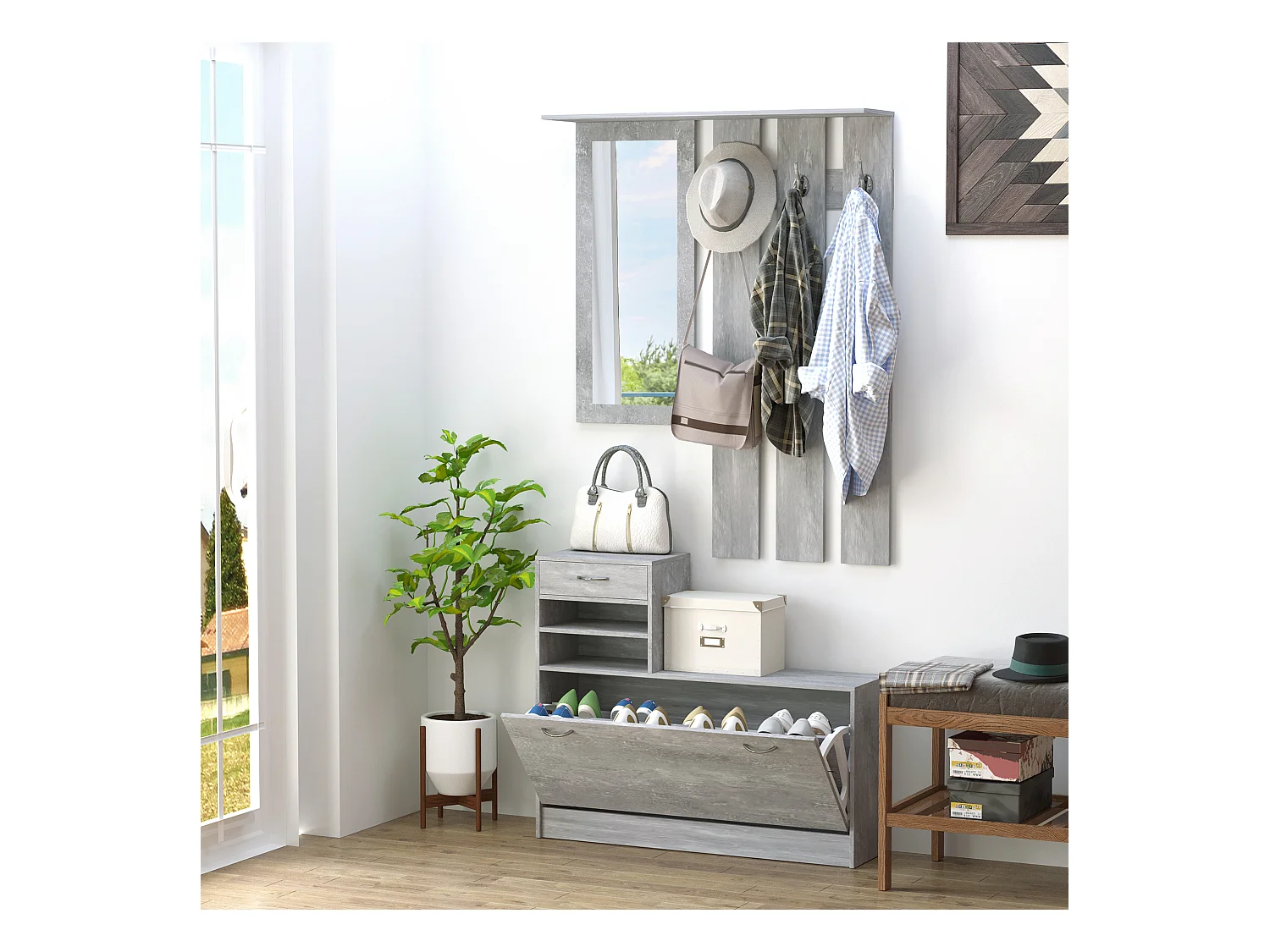 Appendiabiti con scarpiera e specchio con cassetto grigio