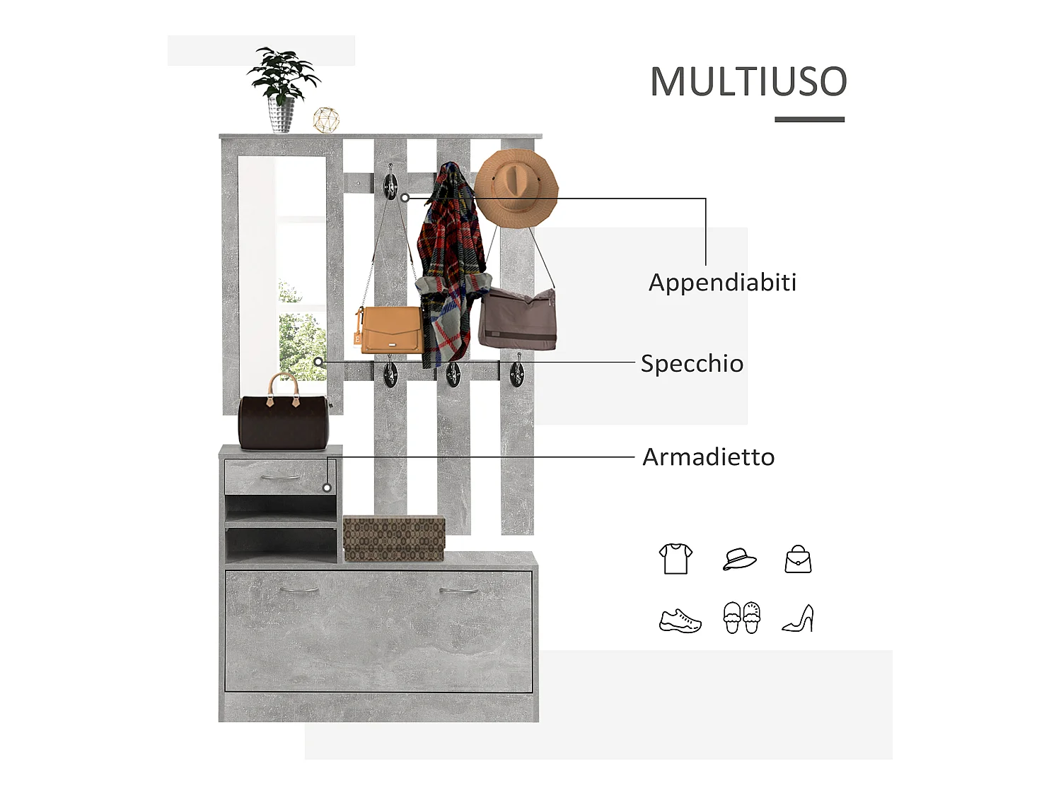 Appendiabiti con scarpiera e specchio con cassetto grigio