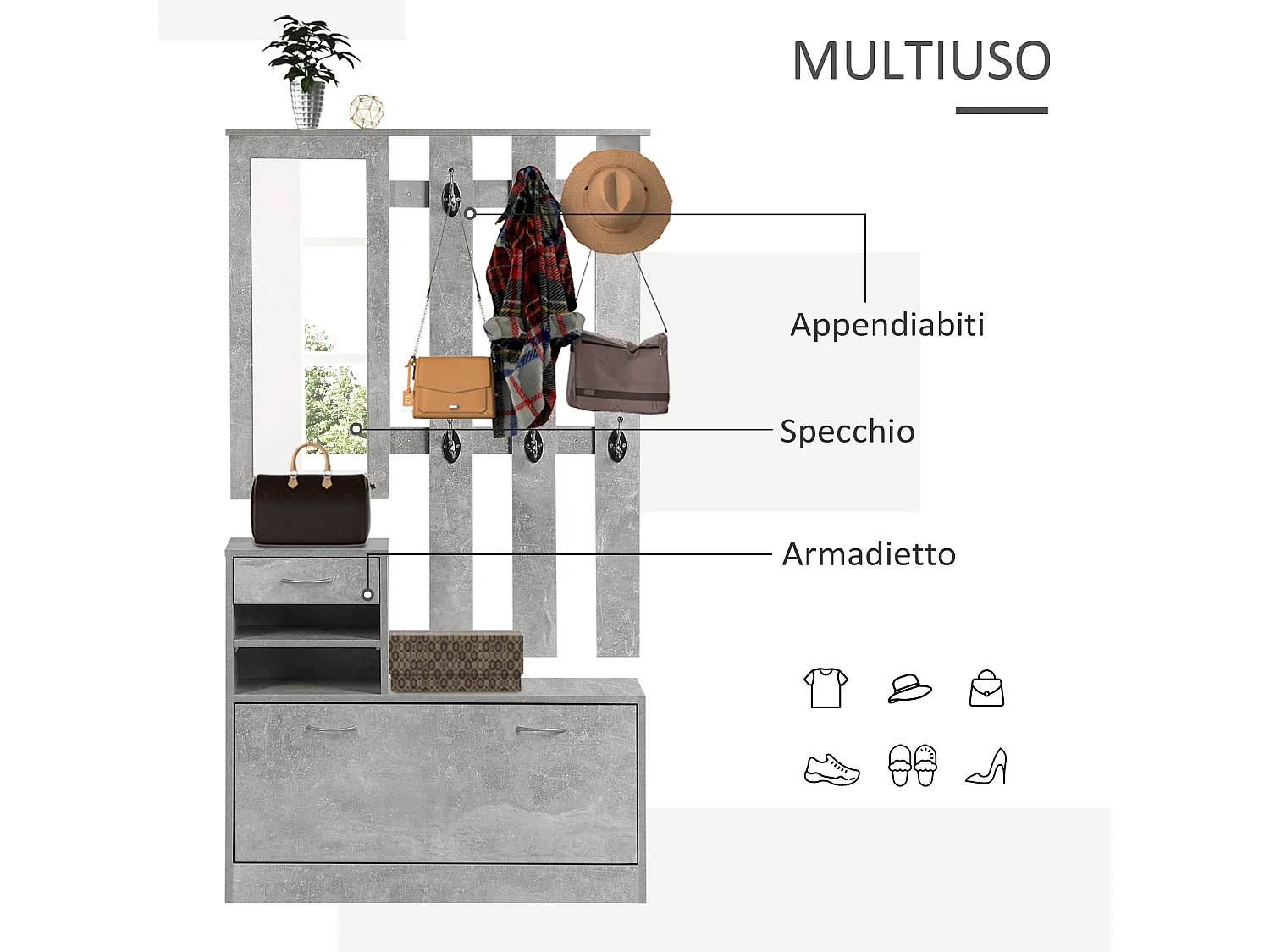 Appendiabiti con scarpiera e specchio con cassetto grigio