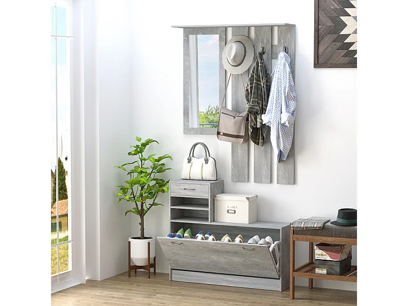 Appendiabiti con scarpiera e specchio con cassetto grigio