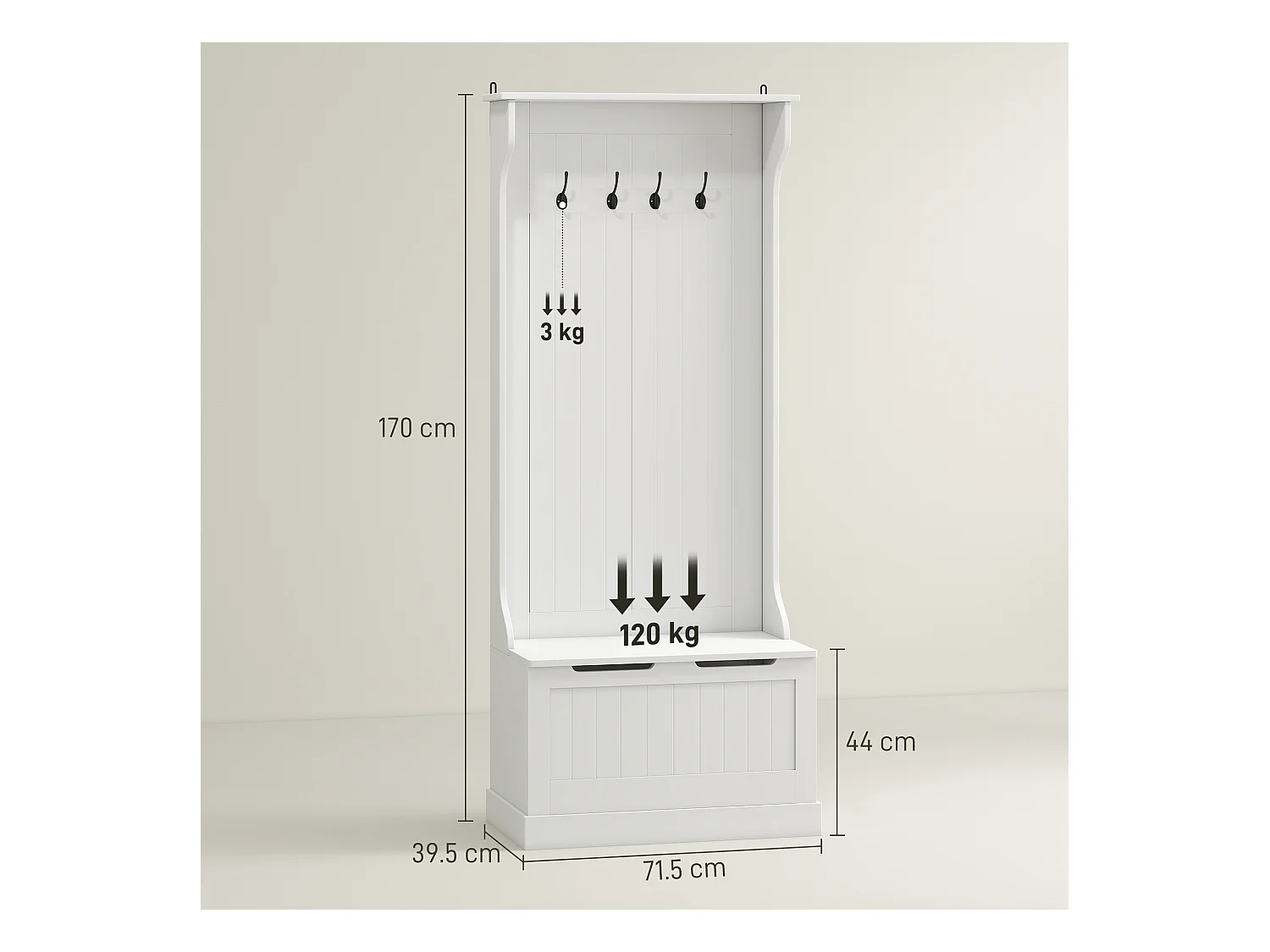 Appendiabiti con panca contenitore in legno bianco