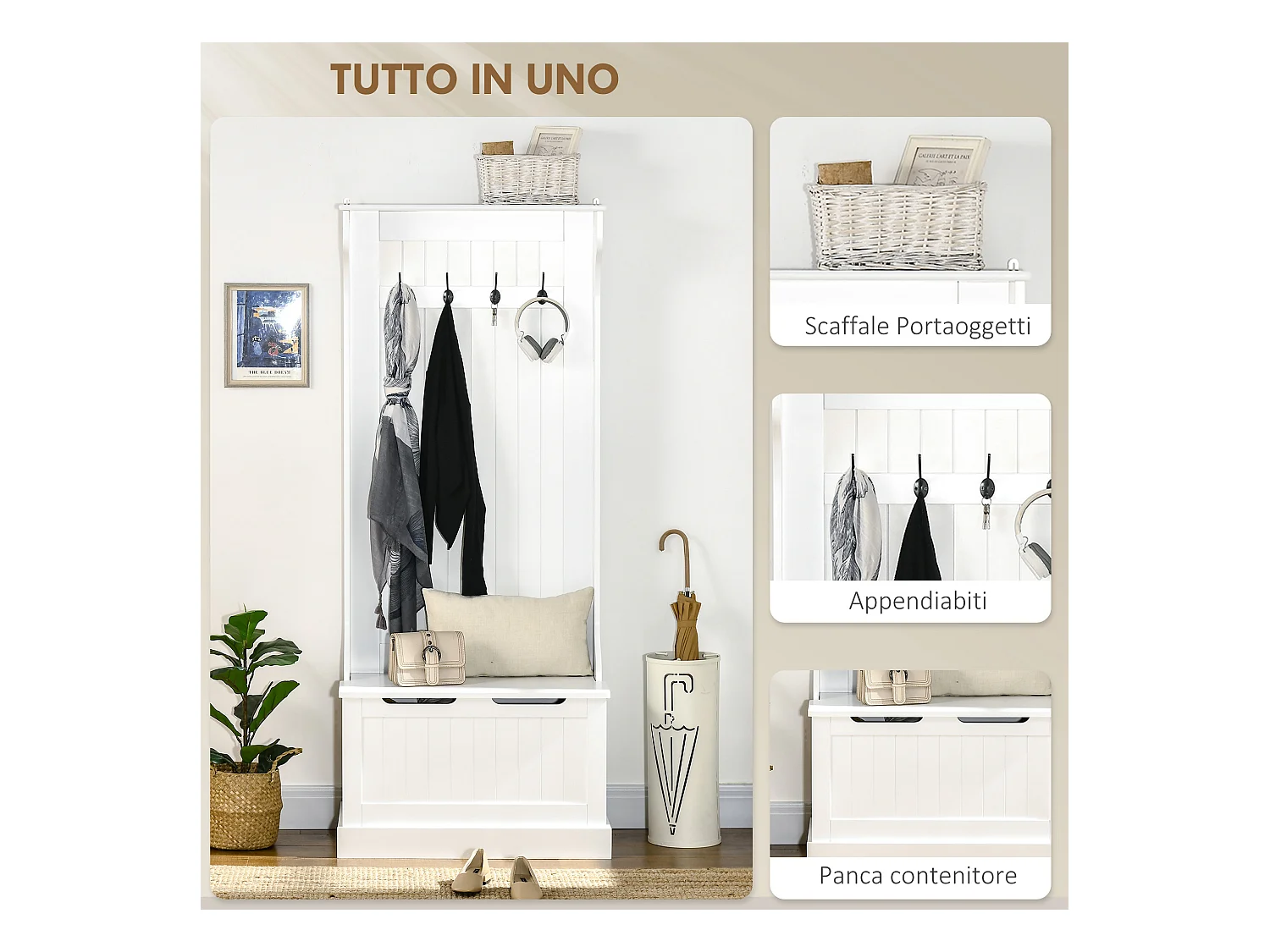 Appendiabiti con panca contenitore in legno bianco