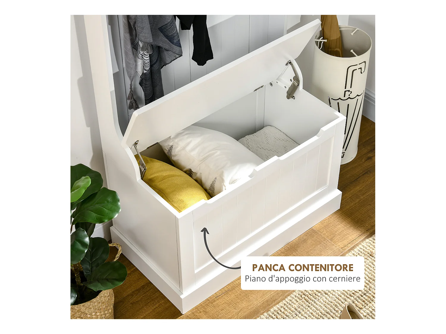 Appendiabiti con panca contenitore in legno bianco