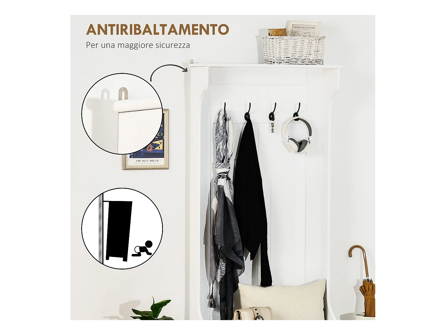 Appendiabiti con panca contenitore in legno bianco