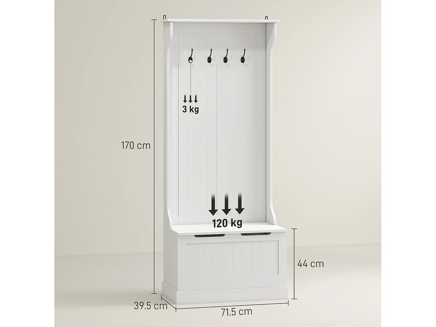Appendiabiti con panca contenitore in legno bianco