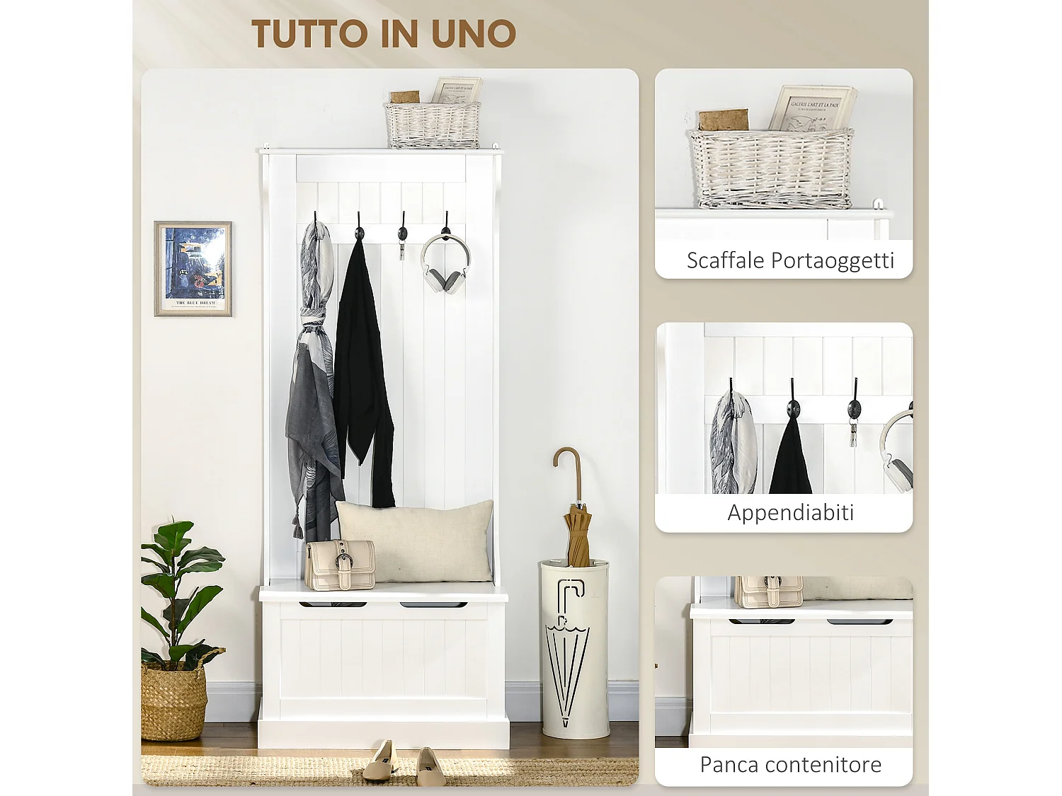 Appendiabiti con panca contenitore in legno bianco
