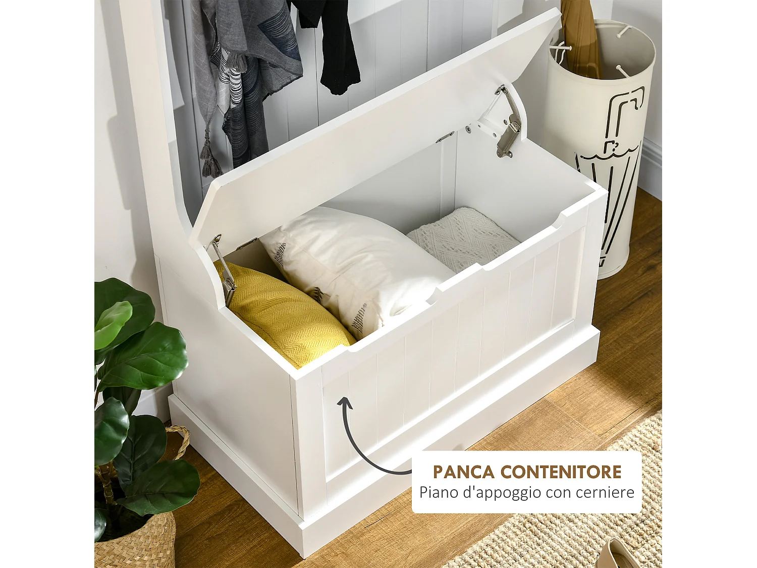 Appendiabiti con panca contenitore in legno bianco