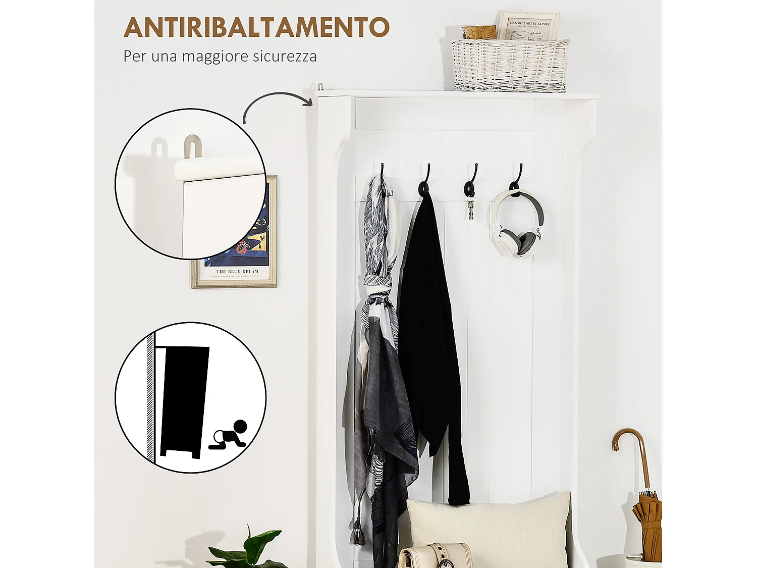 Appendiabiti con panca contenitore in legno bianco