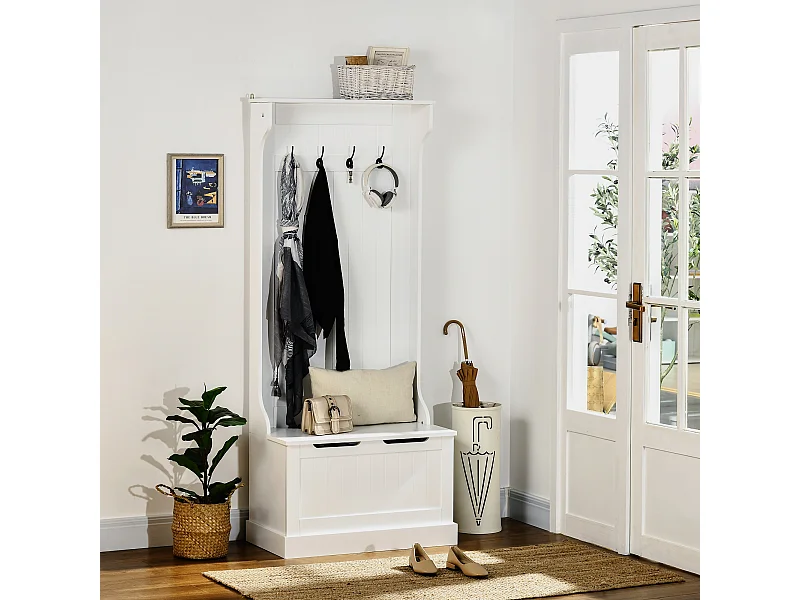 Appendiabiti con panca contenitore in legno bianco