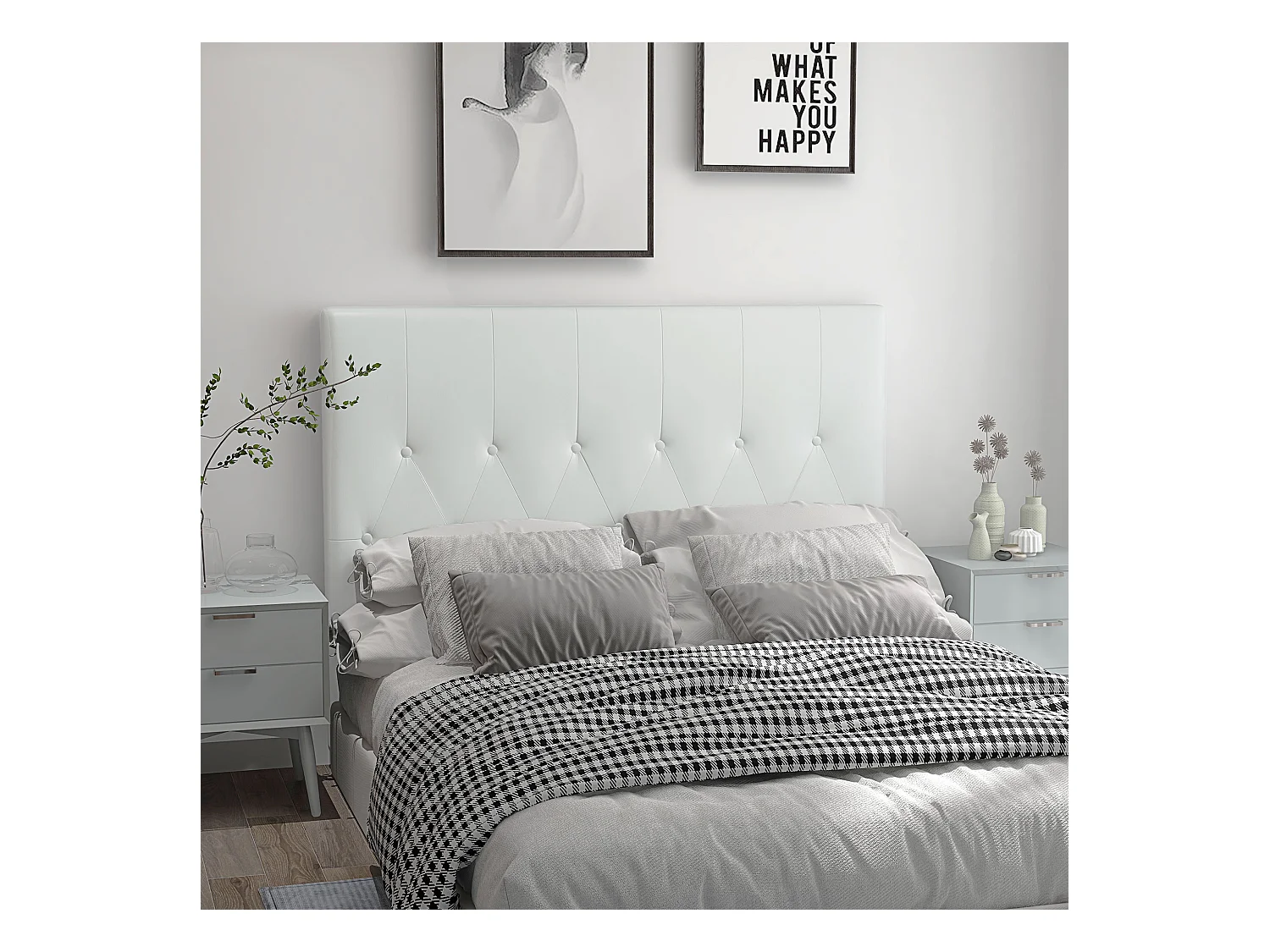 Testiera letto matrimoniale imbottita con design a bottoni bianco