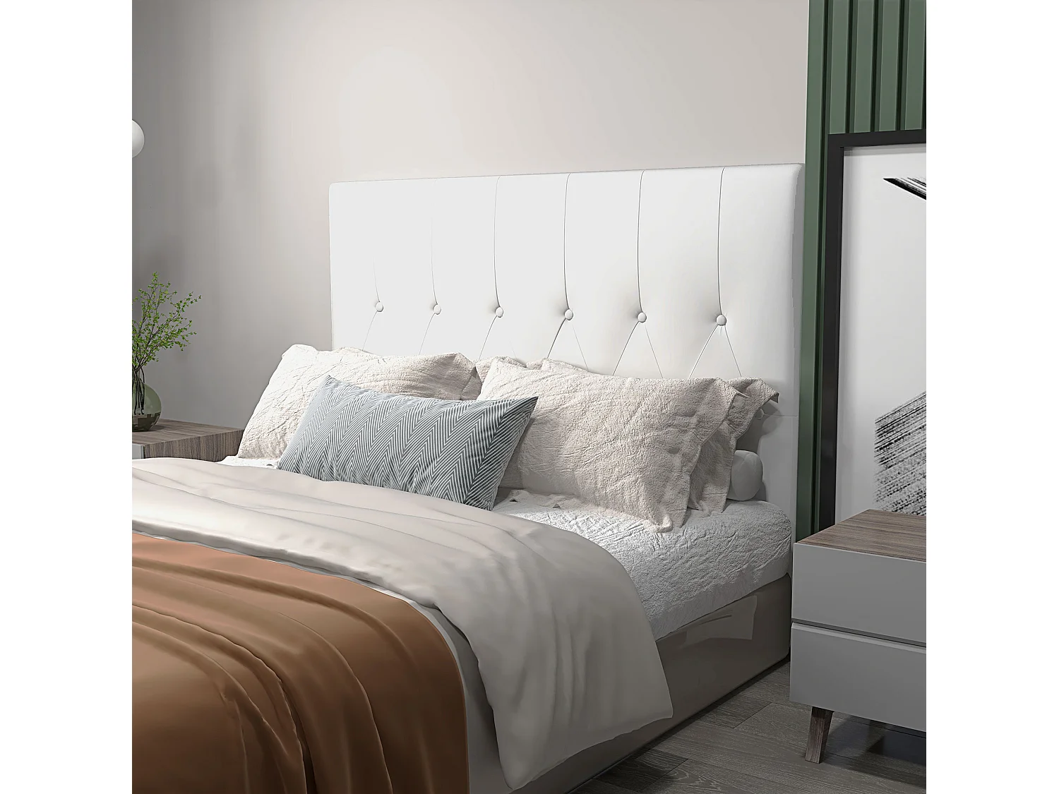 Testiera letto matrimoniale imbottita con design a bottoni bianco