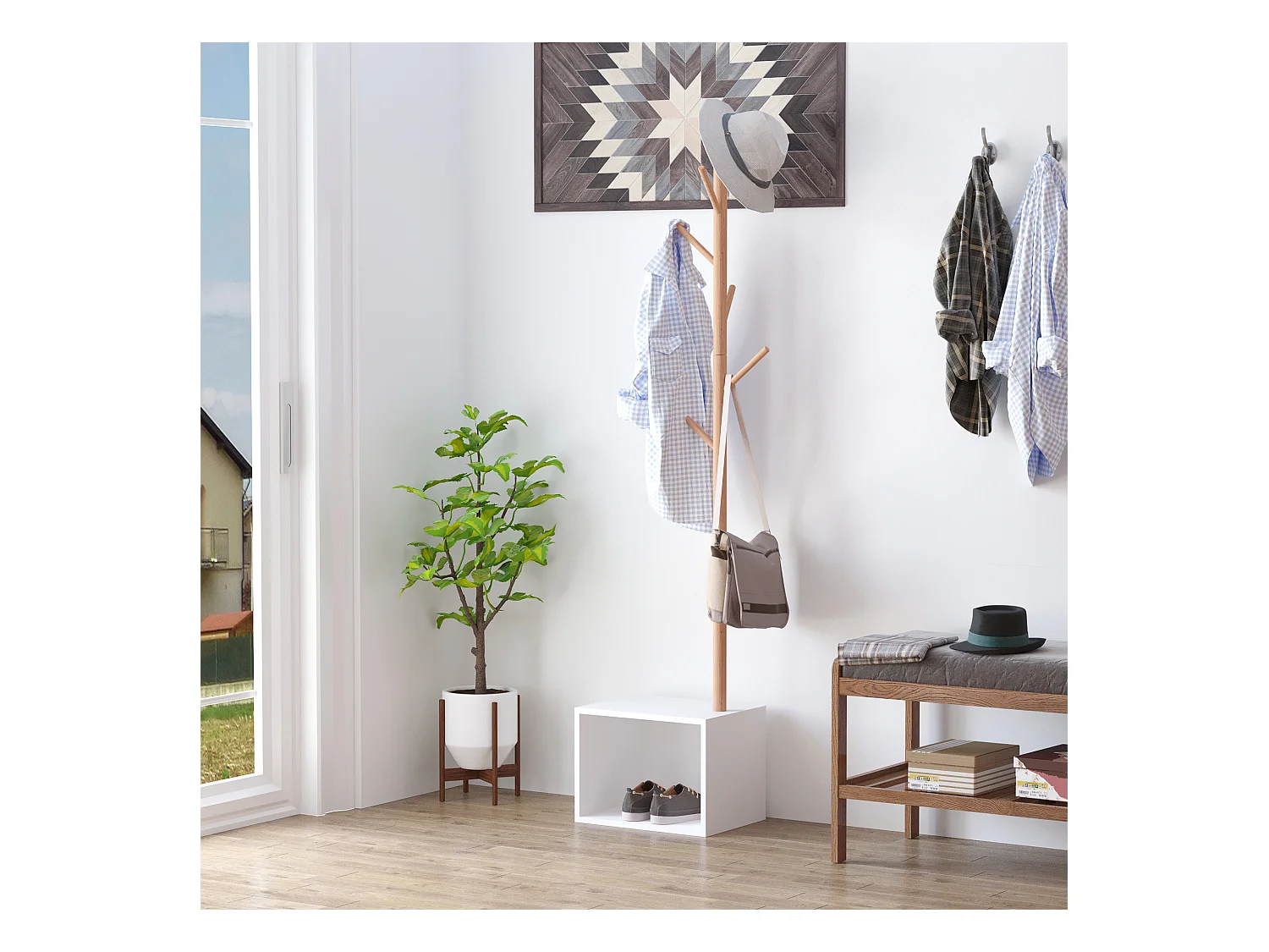 Appendiabiti con panchina cubo 6 ganci in bambù e legno multicolore