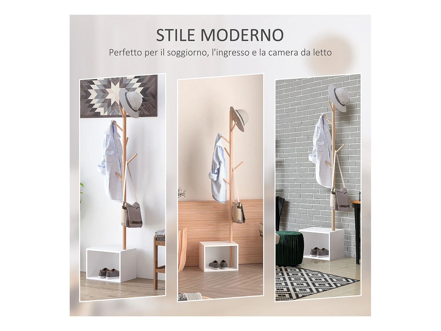 Appendiabiti con panchina cubo 6 ganci in bambù e legno multicolore