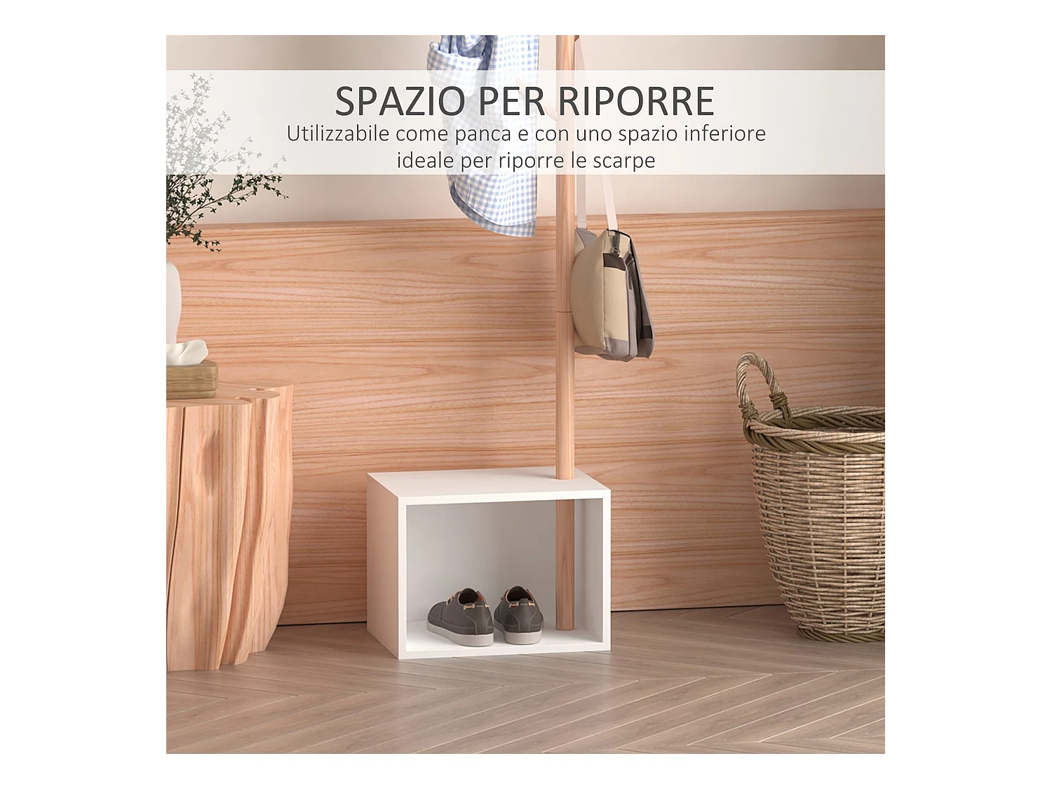 Appendiabiti con panchina cubo 6 ganci in bambù e legno multicolore