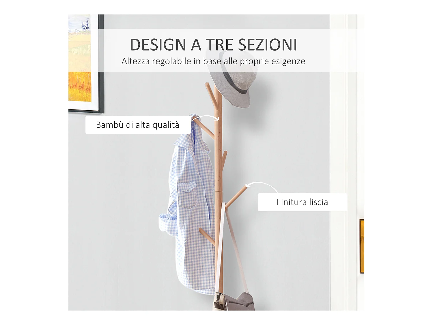 Appendiabiti con panchina cubo 6 ganci in bambù e legno multicolore