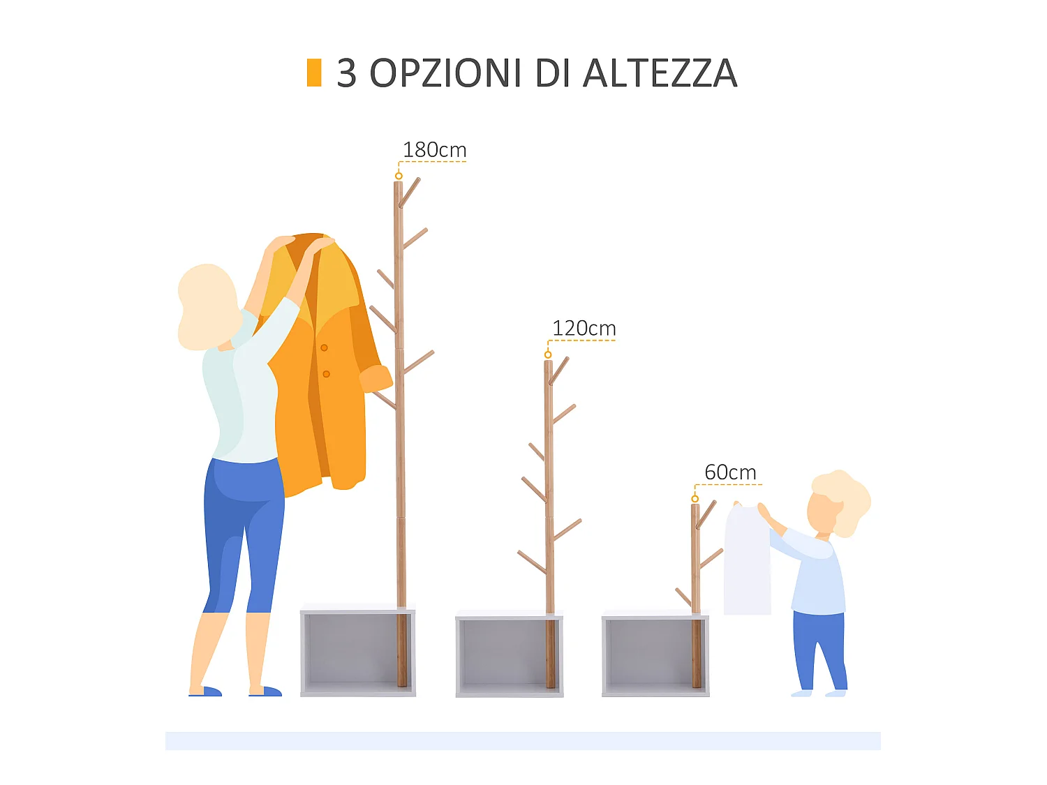 Appendiabiti con panchina cubo 6 ganci in bambù e legno multicolore