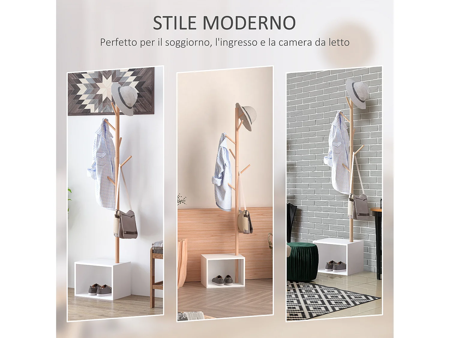 Appendiabiti con panchina cubo 6 ganci in bambù e legno multicolore