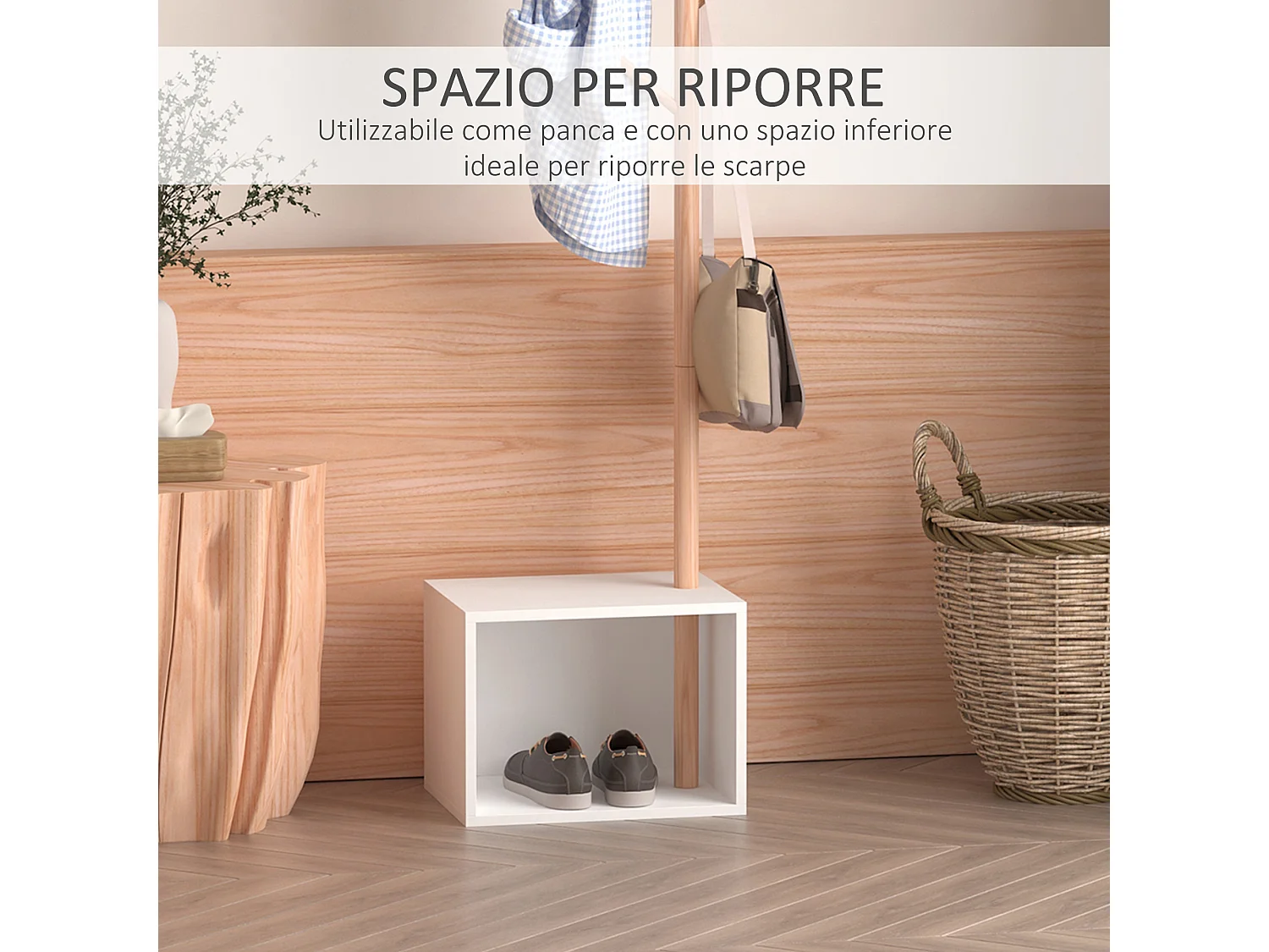 Appendiabiti con panchina cubo 6 ganci in bambù e legno multicolore