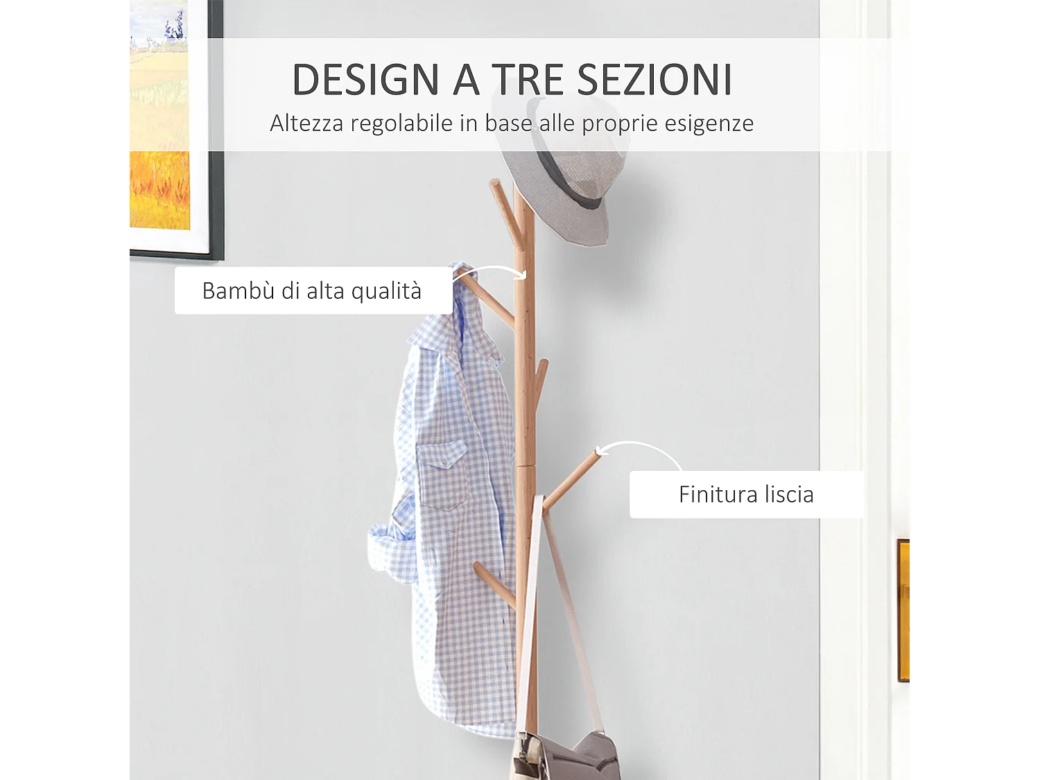 Appendiabiti con panchina cubo 6 ganci in bambù e legno multicolore