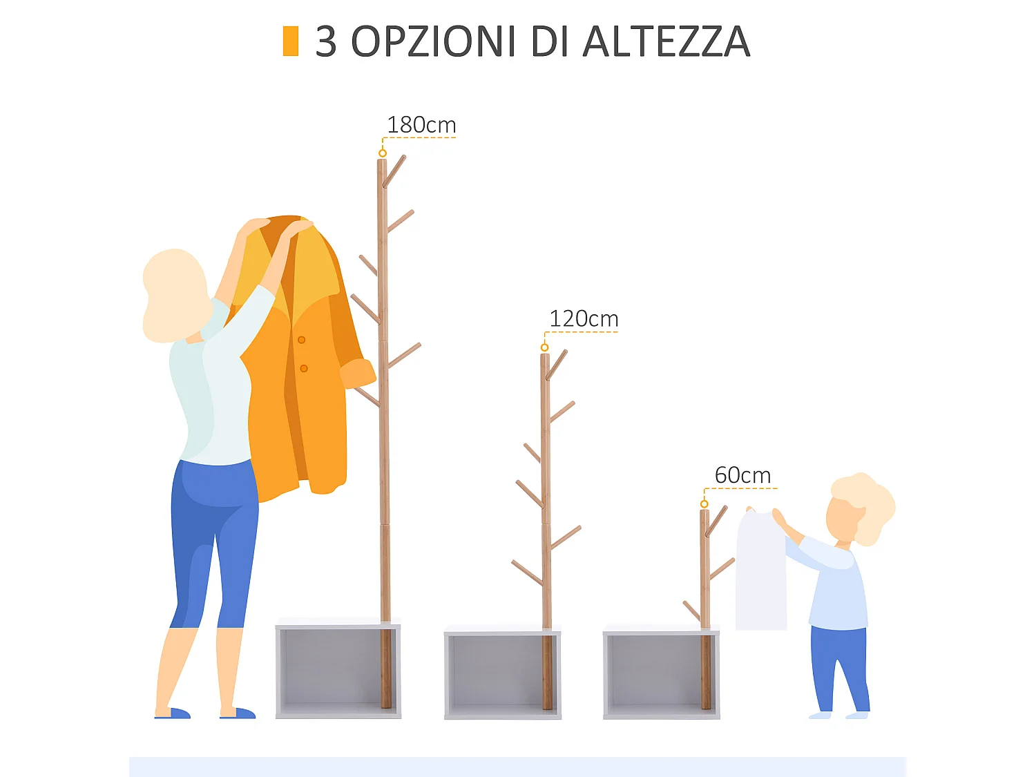 Appendiabiti con panchina cubo 6 ganci in bambù e legno multicolore