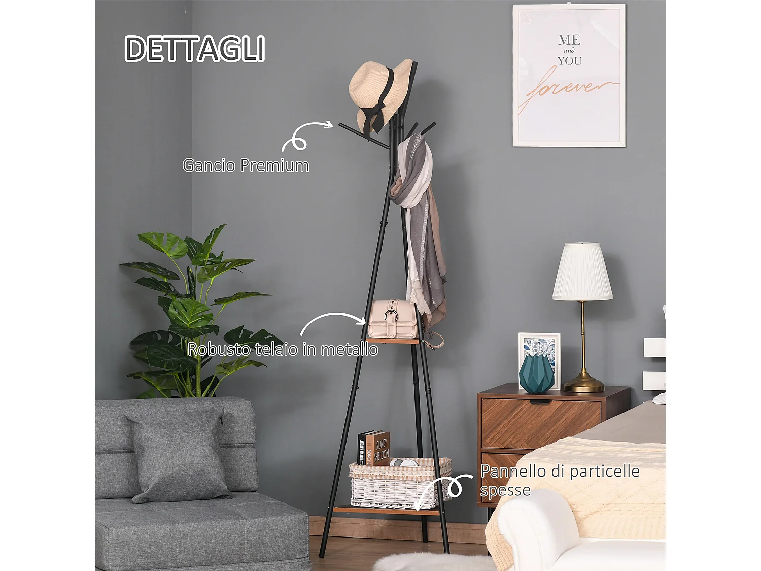 Appendiabiti ad albero con 2 ripiani portata fino a 50 kg