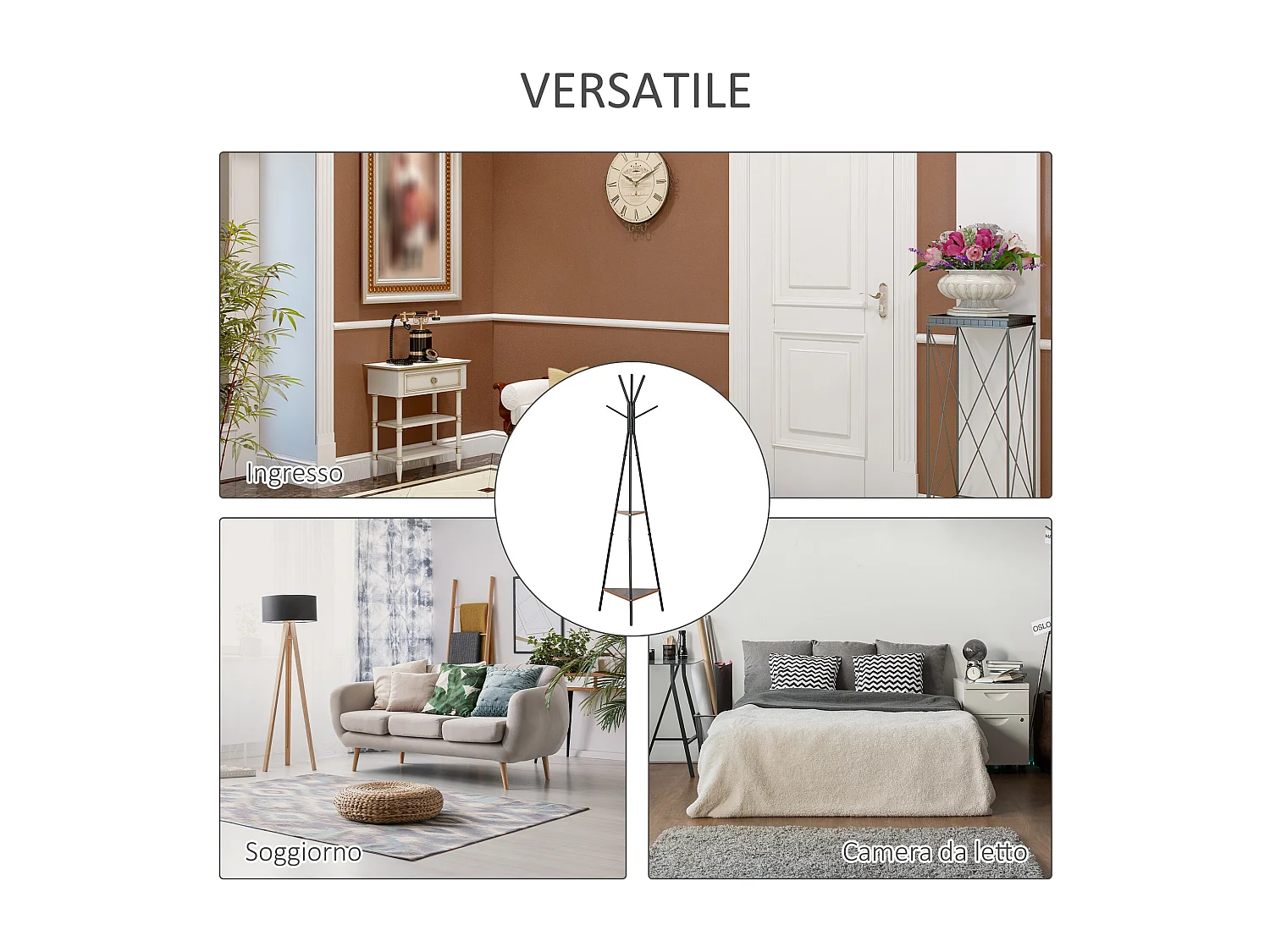 Appendiabiti ad albero con 2 ripiani portata fino a 50 kg