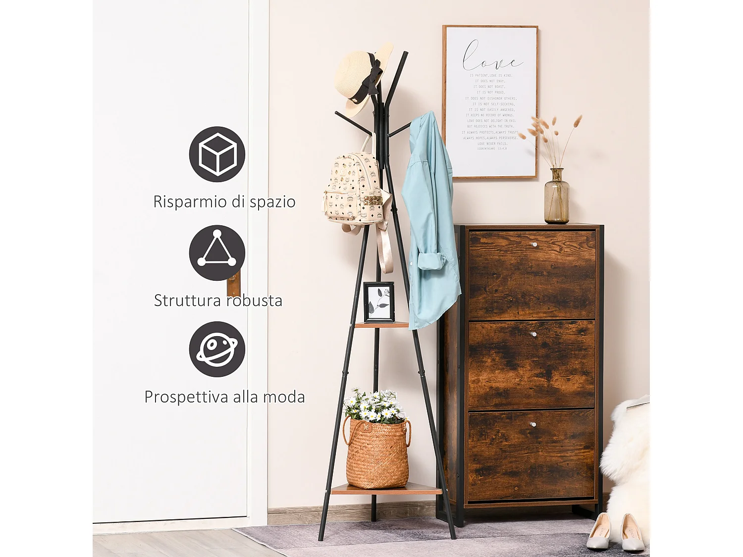 Appendiabiti ad albero con 2 ripiani portata fino a 50 kg